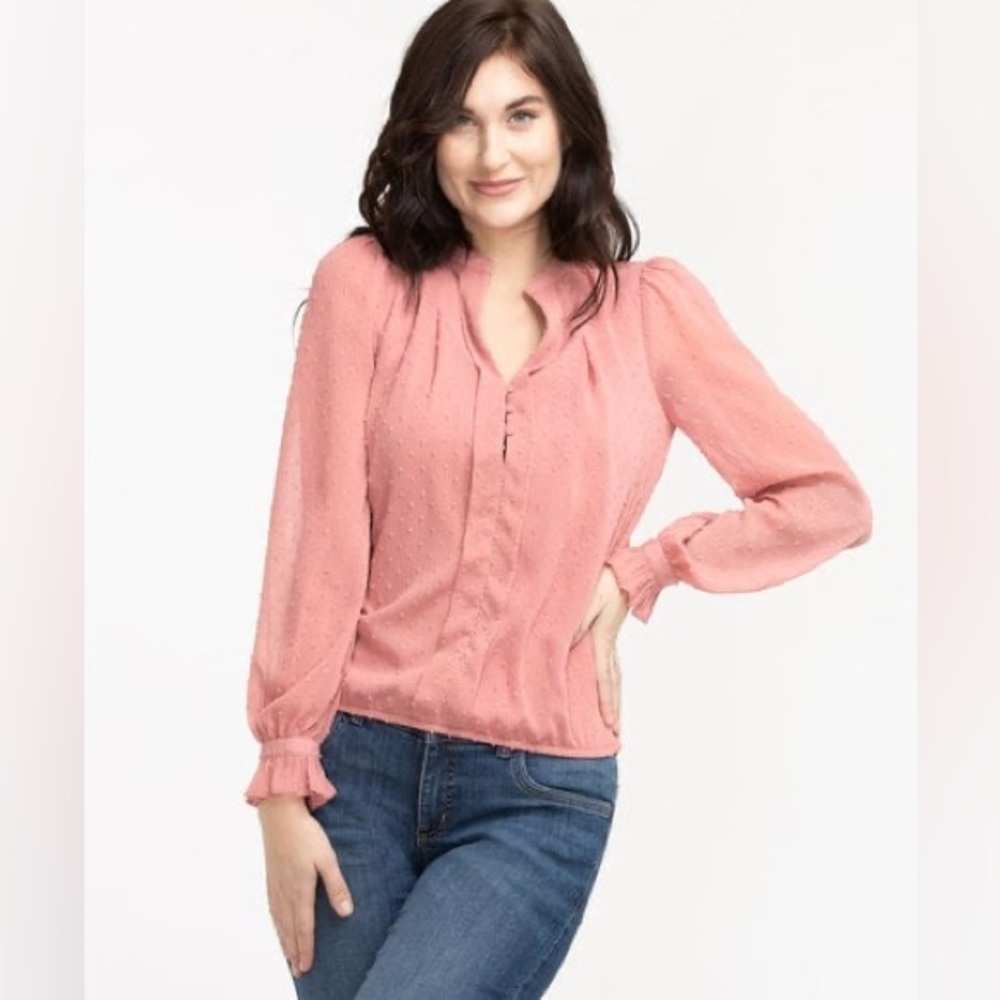 Blousology jacquard dot button down front blouse pink size 1X